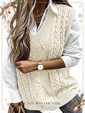 Womens V Neck Cable Knit Sweater Vest Oversized Sleeveless Pullover Top